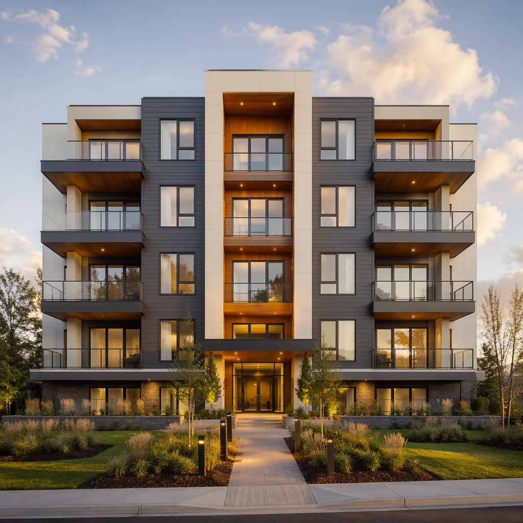 Modern 5-story modular apartment building with clean facade and balconies