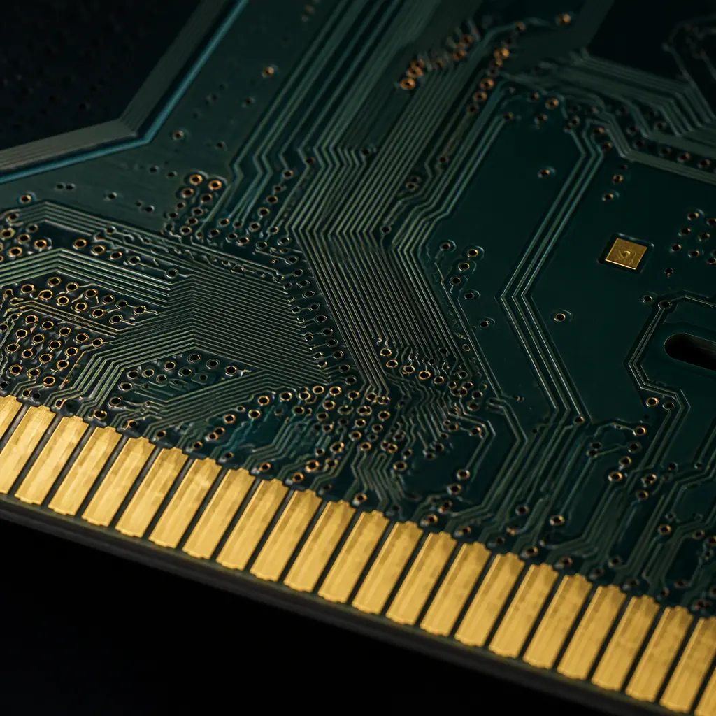 Macro photo of a high-density multilayer backplane PCB showing fine-scaled differential pairs and gold-plated edge connector fingers under studio light
