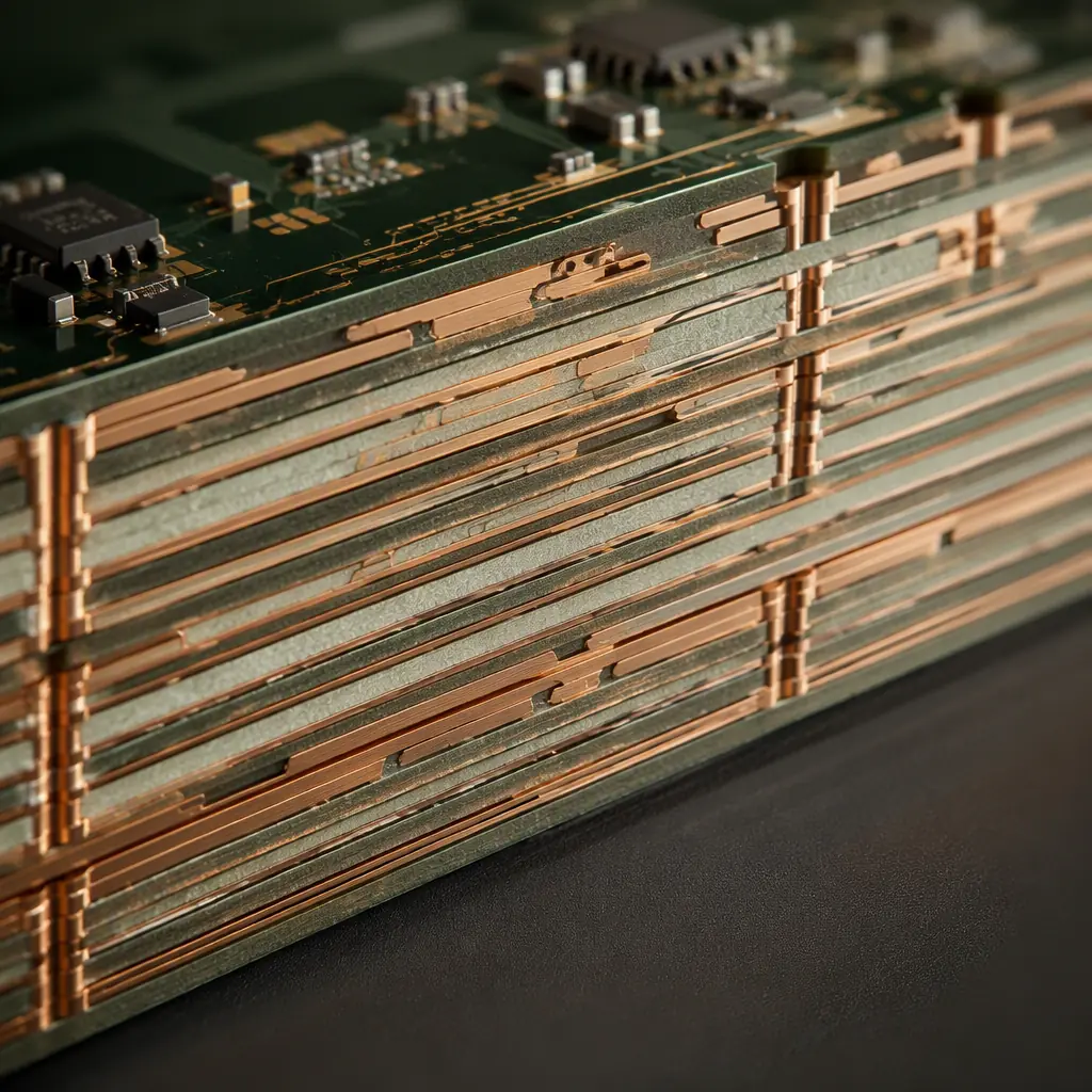 Photorealistic 3D cross-section render of a multilayer PCB stackup showing distinct low-loss laminate layers and copper traces, macro lit