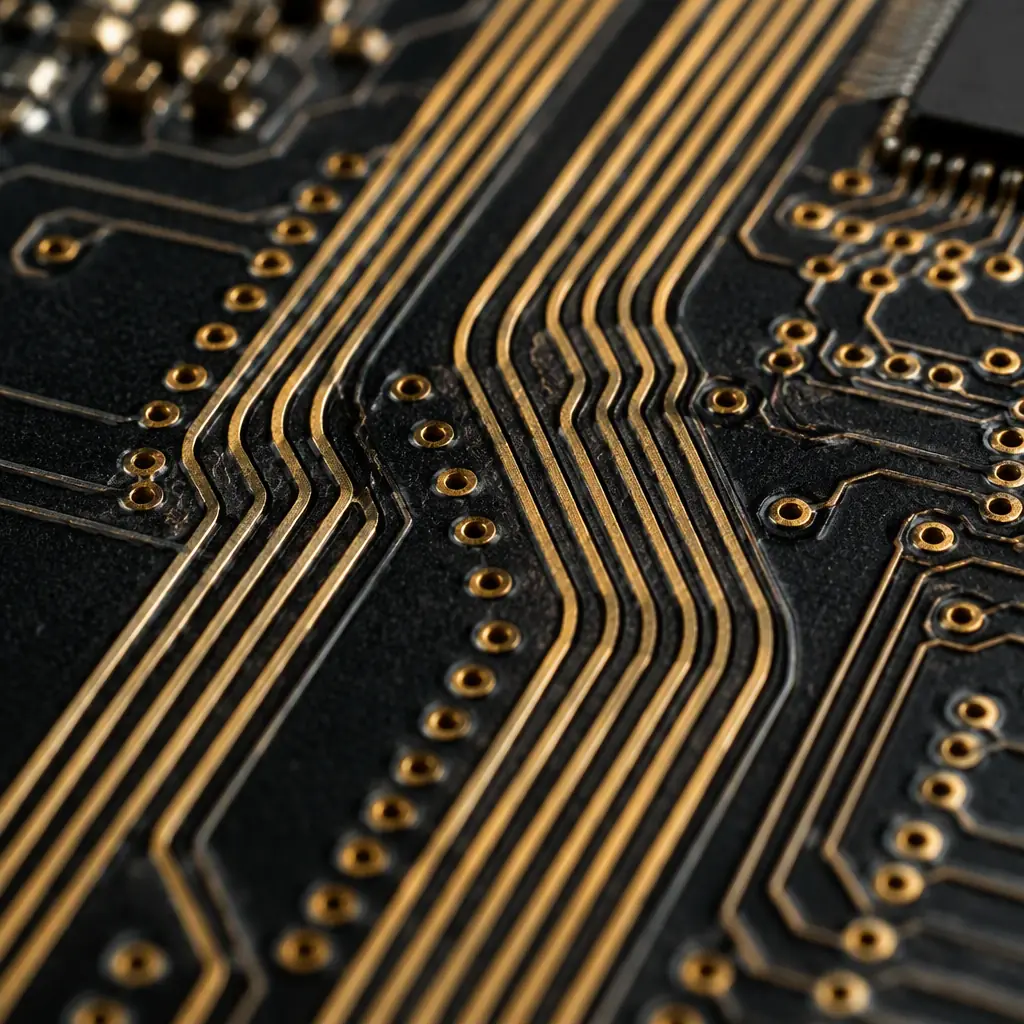 Macro photo of tightly space-paired differential traces on a dark board with a ground guard channel between high-speed lanes