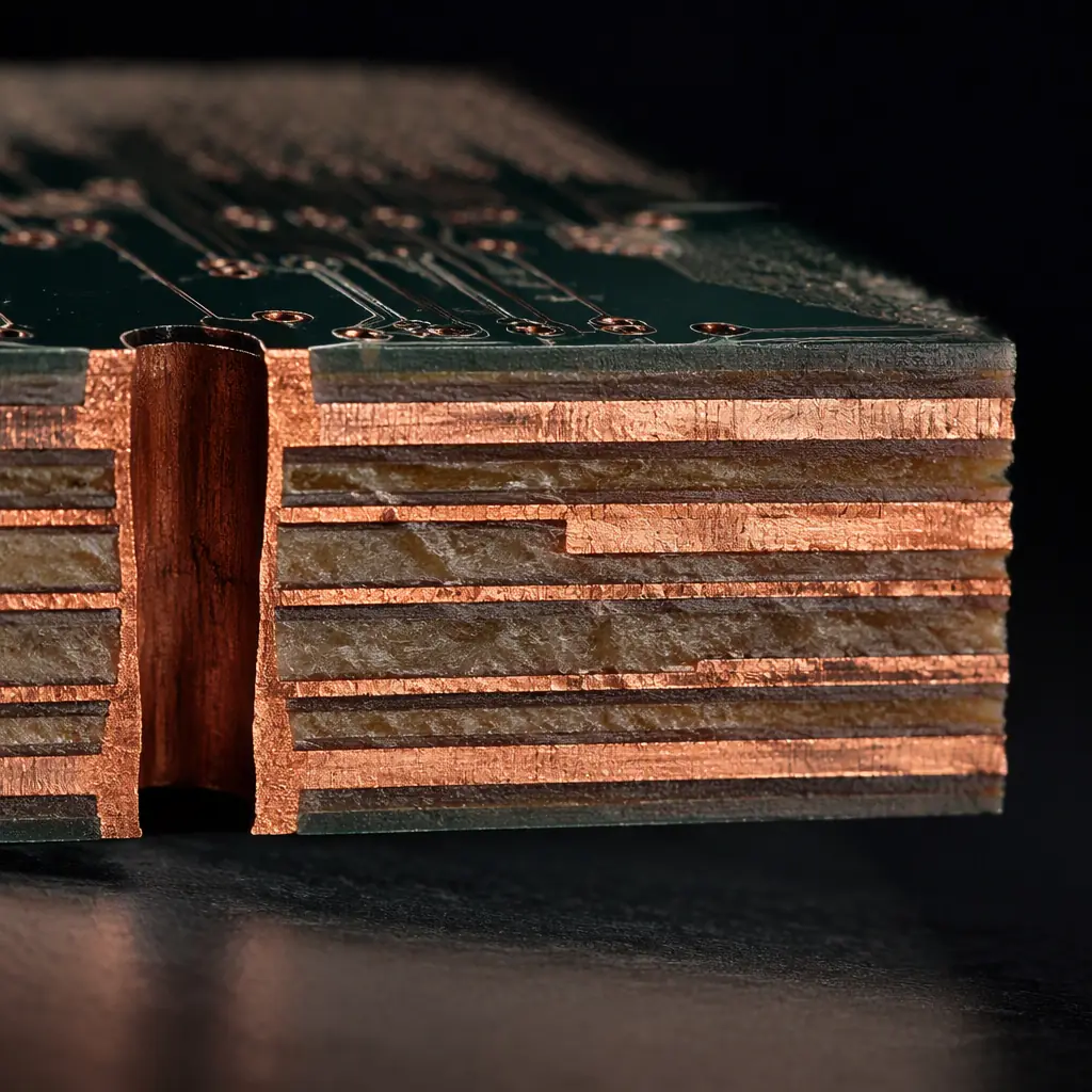 Macro photo of ultra-low-loss copper foil and laminate layers revealed in a high-speed PCB edge cross-section, dark studio lighting