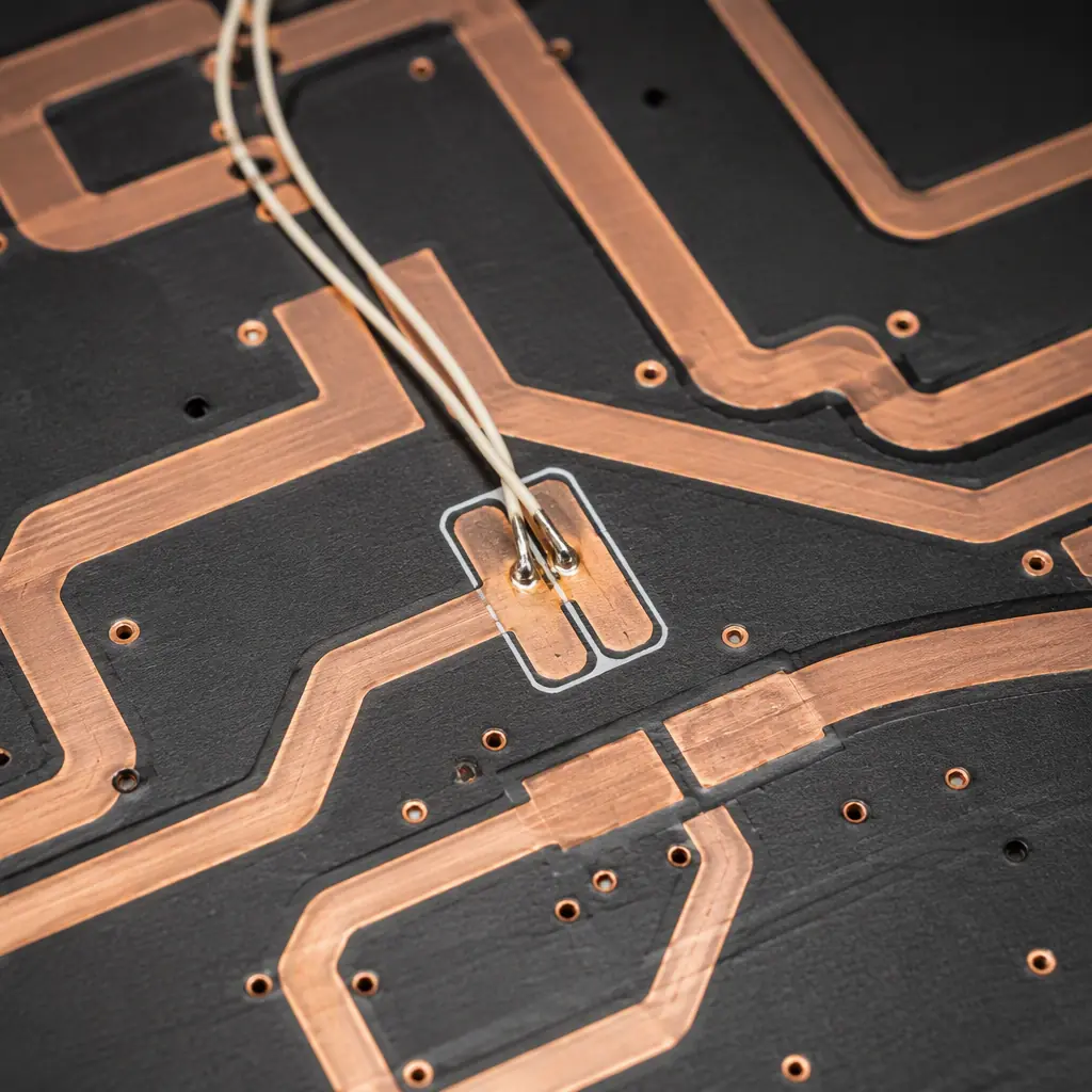 Photorealistic macro shot of a 3D printer heated bed PCB with copper traces and thermistor pad