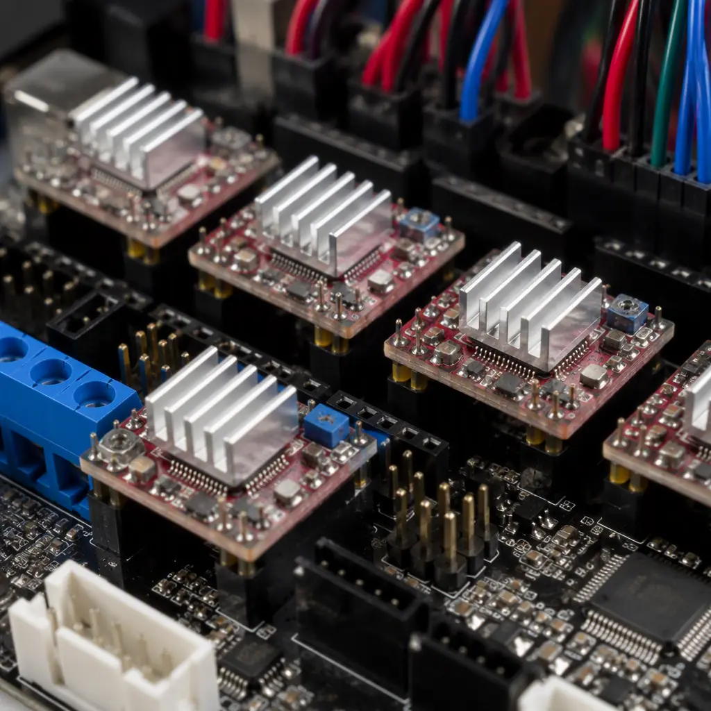 Macro photo of stepper motor driver modules with heat sinks on a 3D printer controller board