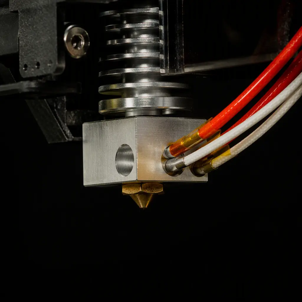 Professional macro photo of a 3D printer hotend heater block with thermistor and heater cartridge