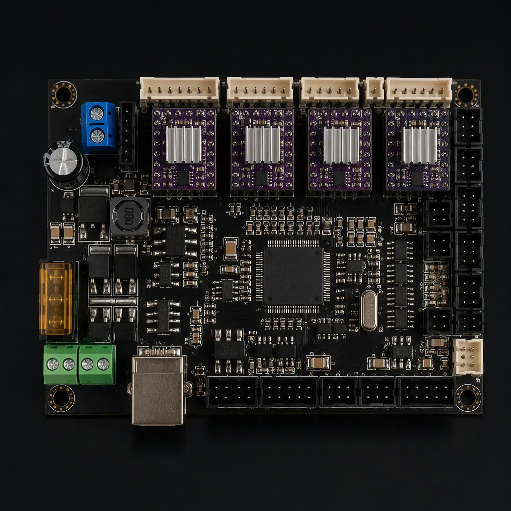 Photorealistic render of a 3D printer mainboard with stepper driver modules, MOSFET heat sink and connector headers