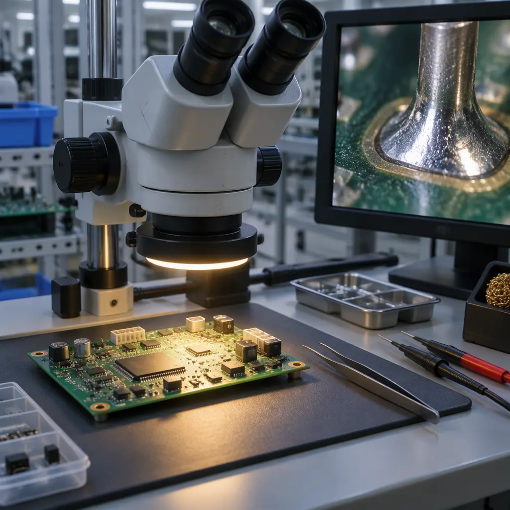 Quality engineers examining a printed circuit board assembly with defect documentation on a production floor