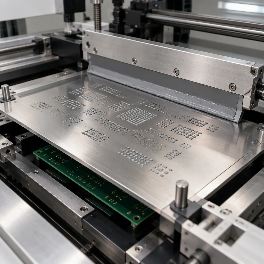 Process engineer checking solder paste printing parameters on a surface mount production line