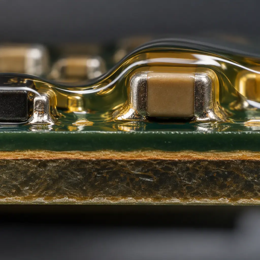 Photorealistic macro cross-section of a coated circuit board edge showing conformal coating film over solder joints and capacitors