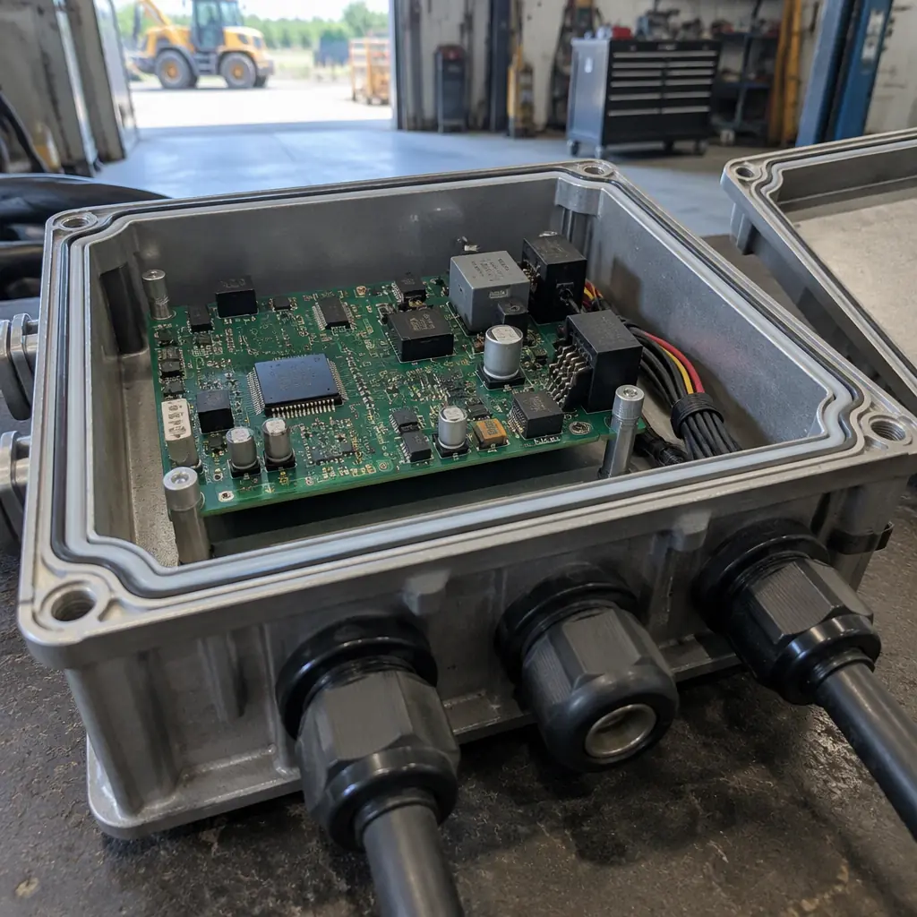 Photograph of the interior of a sealed electronics enclosure showing a coated board on standoffs and a silicone gasket sealing groove