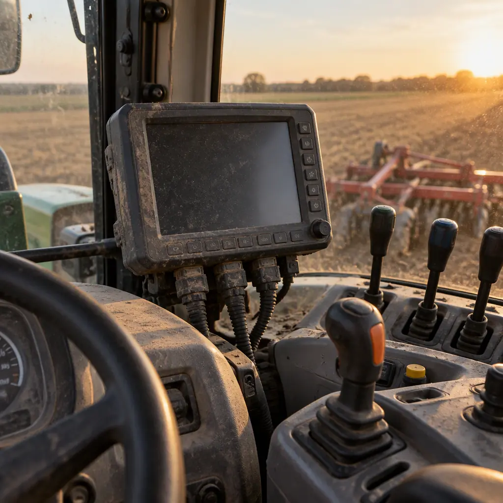 Photograph of a tractor cab interior with a rugged sealed display control unit and dust-covered dashboard controls