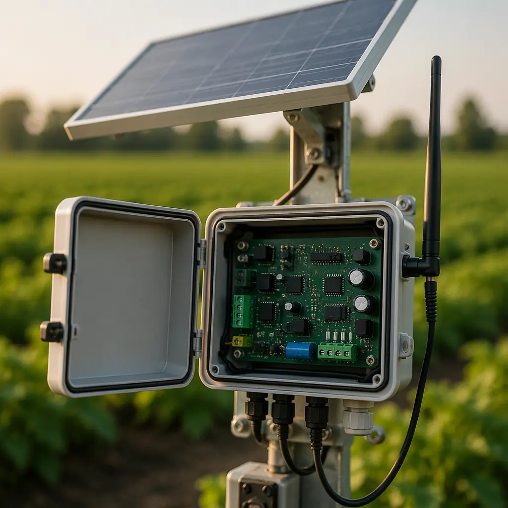 Photorealistic render of a ruggedized agricultural control PCB in an IP67 gasket-sealed field enclosure with a solar panel and antenna