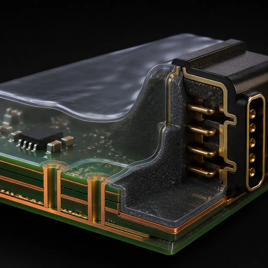 3D cross-section render of a conformal-coated PCB with sealed connector and potting compound showing moisture barrier layers