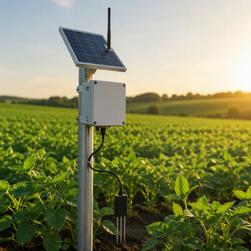 Photorealistic render of a solar-powered agricultural sensor node on a pole with an antenna, enclosed PCB and soil probe