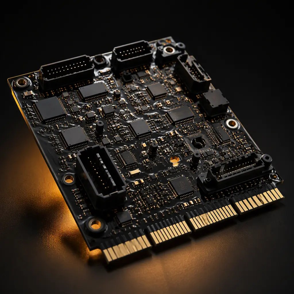 Rugged electronic control board with conformal coating and gold-plated edge connectors designed for a combine harvester engine control unit