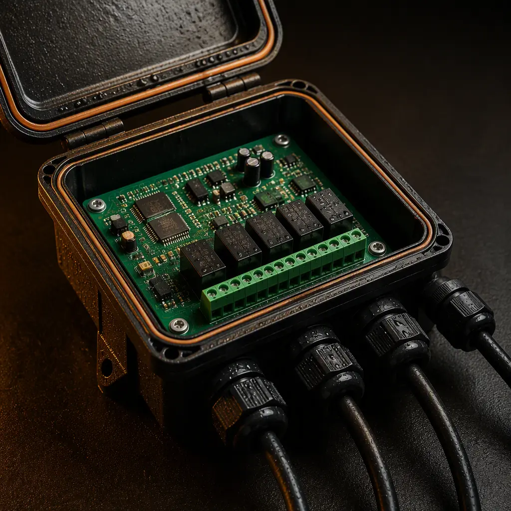 Insulated control PCB mounted in a sealed IP67 junction box with a gasket seal and weatherproof cable glands for outdoor irrigation control