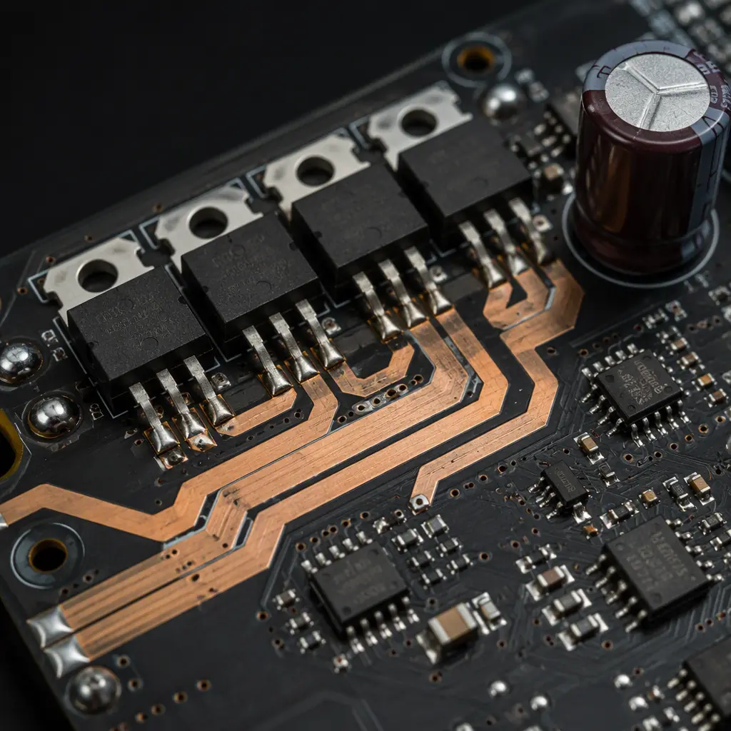 Macro photo of a BLDC motor driver PCB section with MOSFET packages, thick copper phase traces and bulk capacitors
