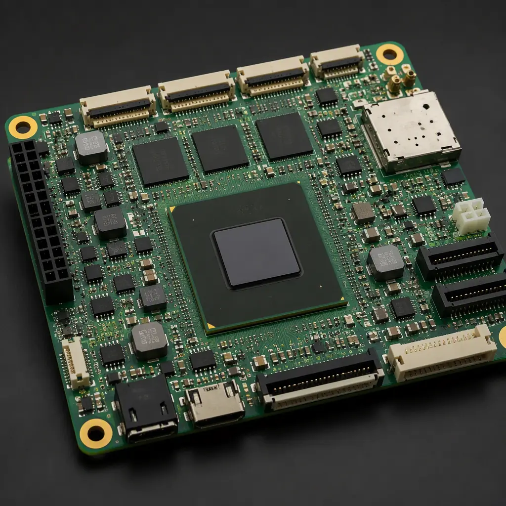 Photorealistic render of an AGV robot main control board with navigation processor, LiDAR interface and motor driver sections