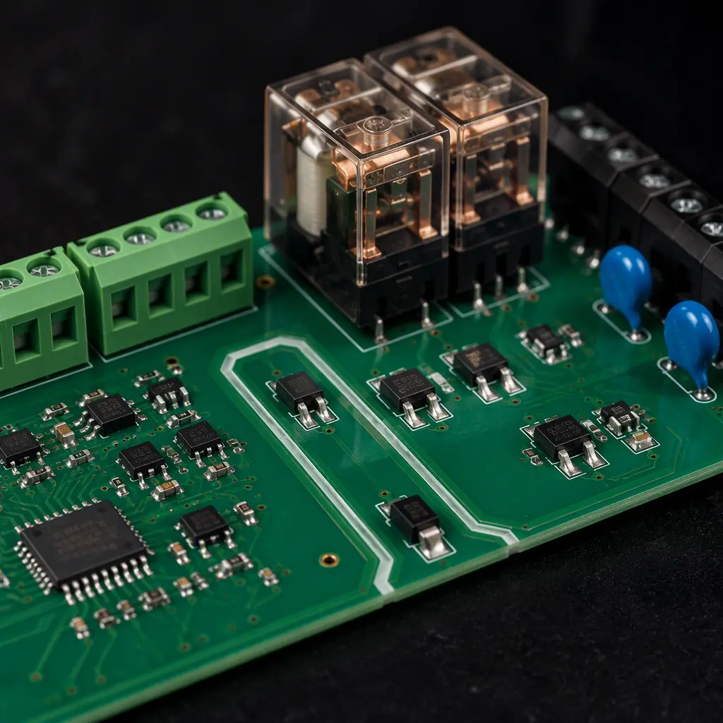 Safety-rated E-stop relay circuit board section with dual-channel relay and TVS protection for an AMR