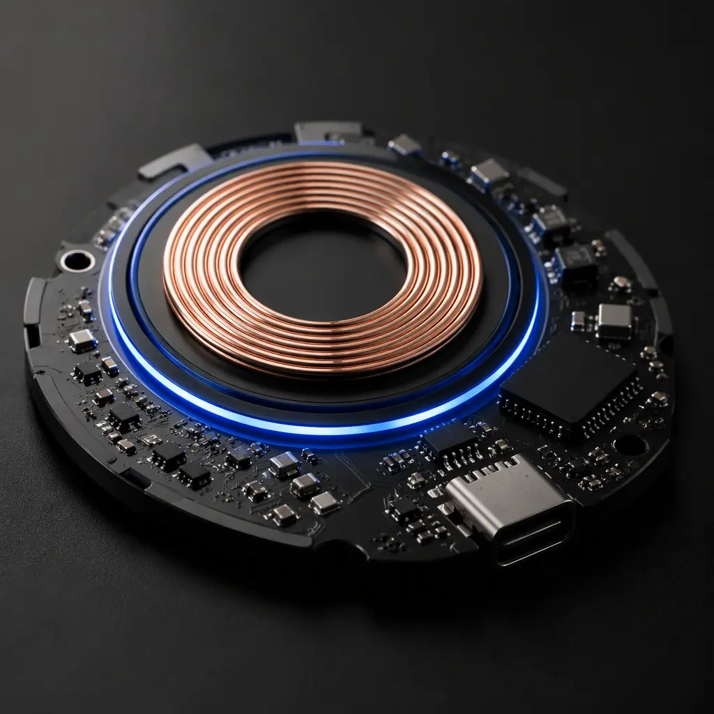 Inductive wireless charging coil PCB assembly with copper coil windings for an AMR robot