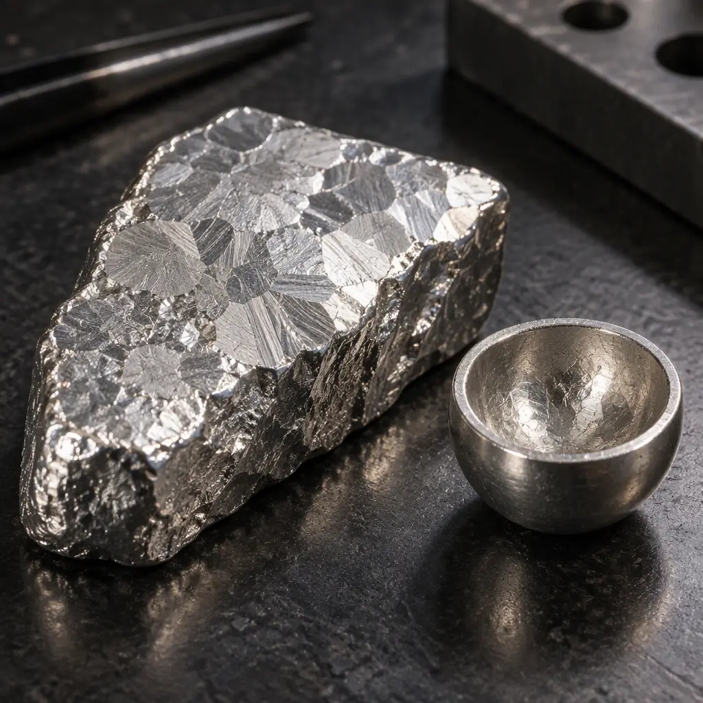 Macro photograph of solidified solder alloy ingots and freshly cast solder specimens on a dark laboratory bench beside a metal analysis sample cup, studio side lighting