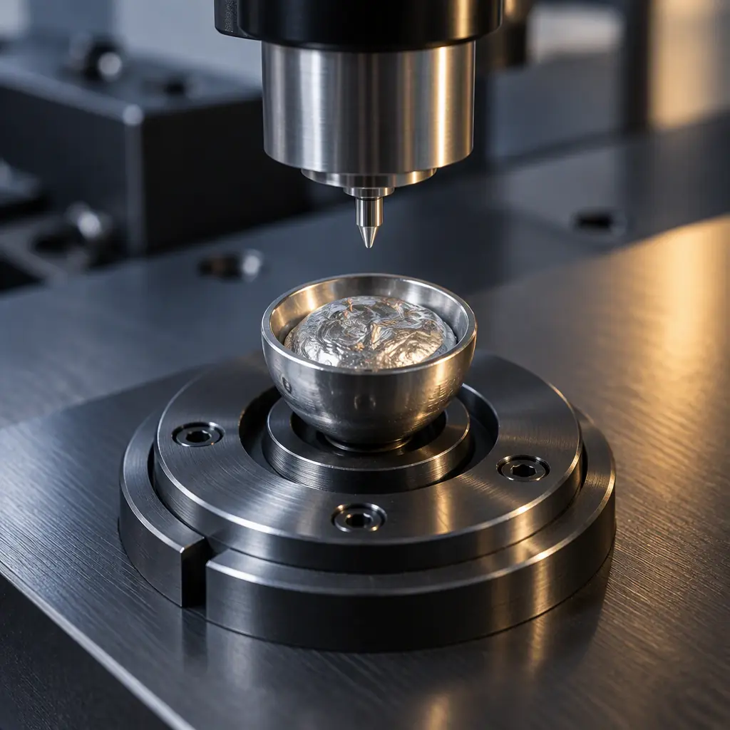 Laboratory close-up of a metallic solder sample cup being prepared for analysis on a dark bench, with a precision instrument head and metallic reflections in the background