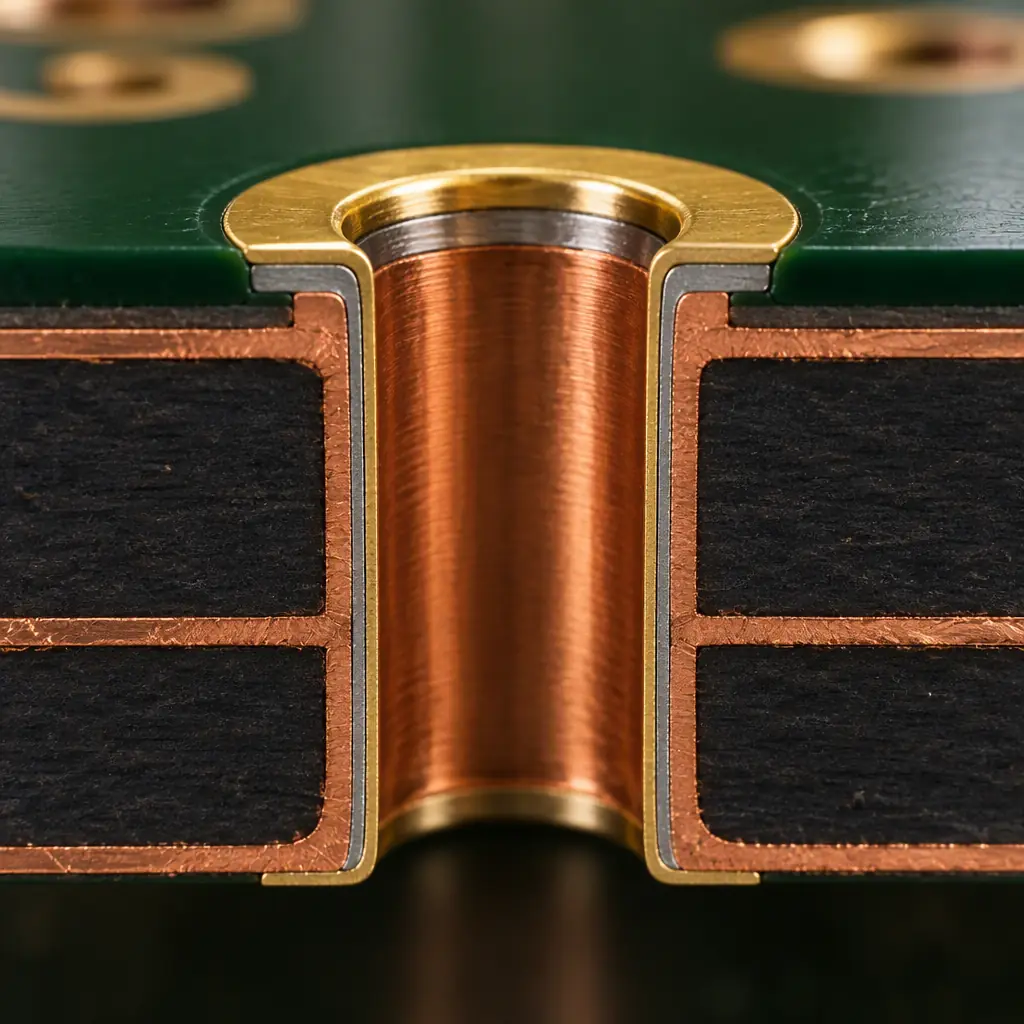 Macro cross-section render of a plated through hole in a PCB showing the copper pad extending around the drilled barrel, with distinct copper, nickel and solder layers visible under studio lighting