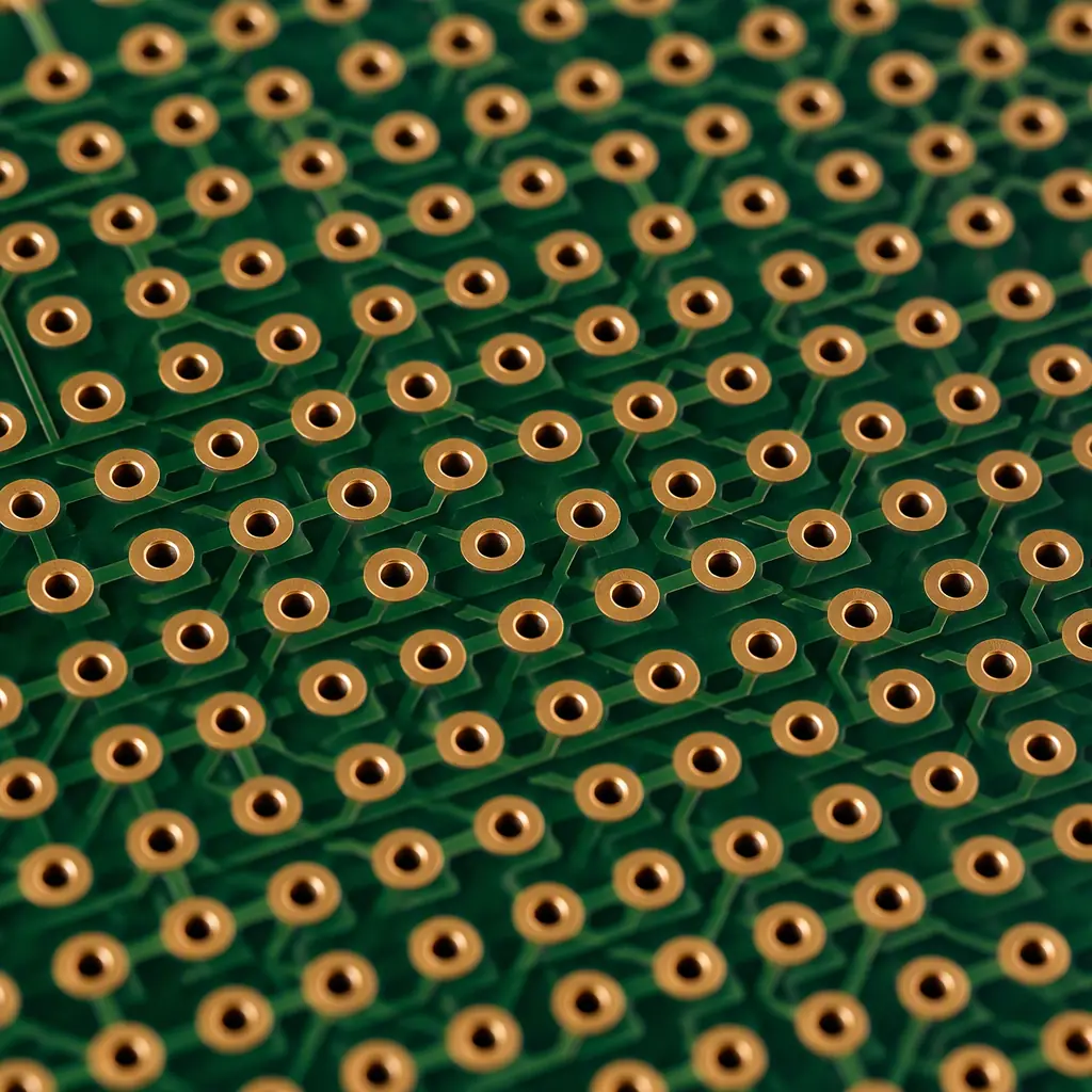 Close-up studio photograph of a dense PCB area showing a grid of small vias and their copper pads, illustrating how closely spaced small pads leave minimal copper margin around each hole