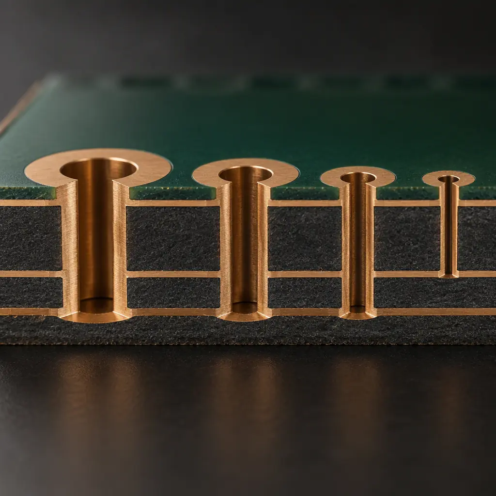 Photorealistic 3D render of a PCB cross-section coupon showing multiple plated through holes of different diameters, each with visible copper pad widths around the barrels, illustrating relative annular ring between large and small holes