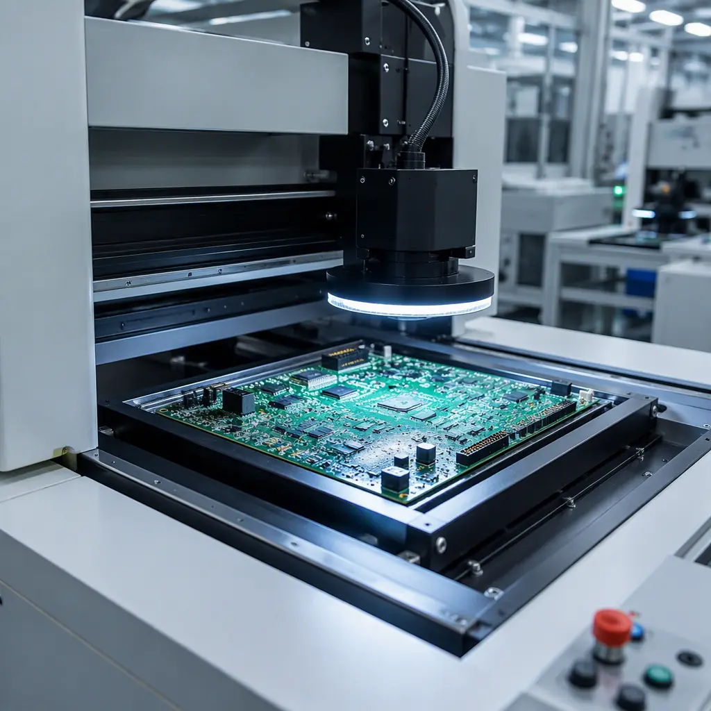 Automated optical inspection machine scanning a populated PCB assembly in a clean SMT production line