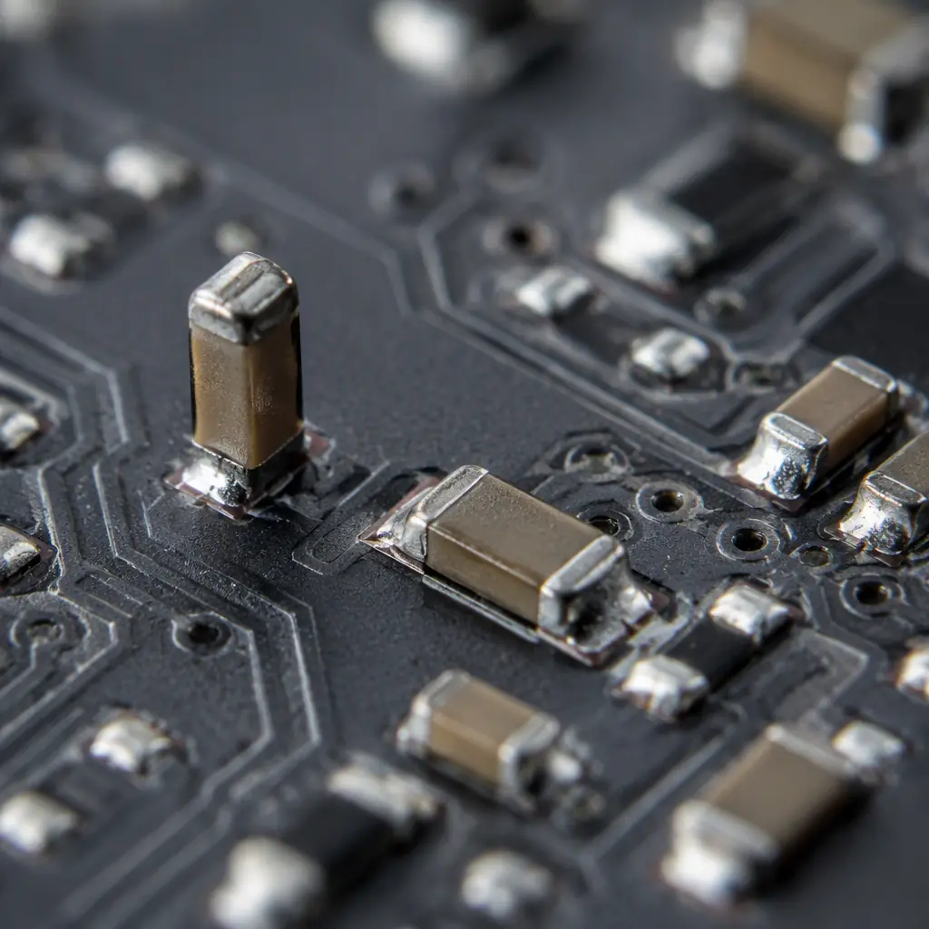 Macro photograph of a PCB assembly solder joint under magnification showing a tombstoned chip component beside a correctly soldered component