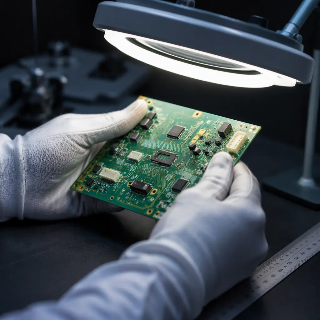 Quality inspector using a magnifying lamp and ruler to inspect a populated PCB assembly on an inspection bench