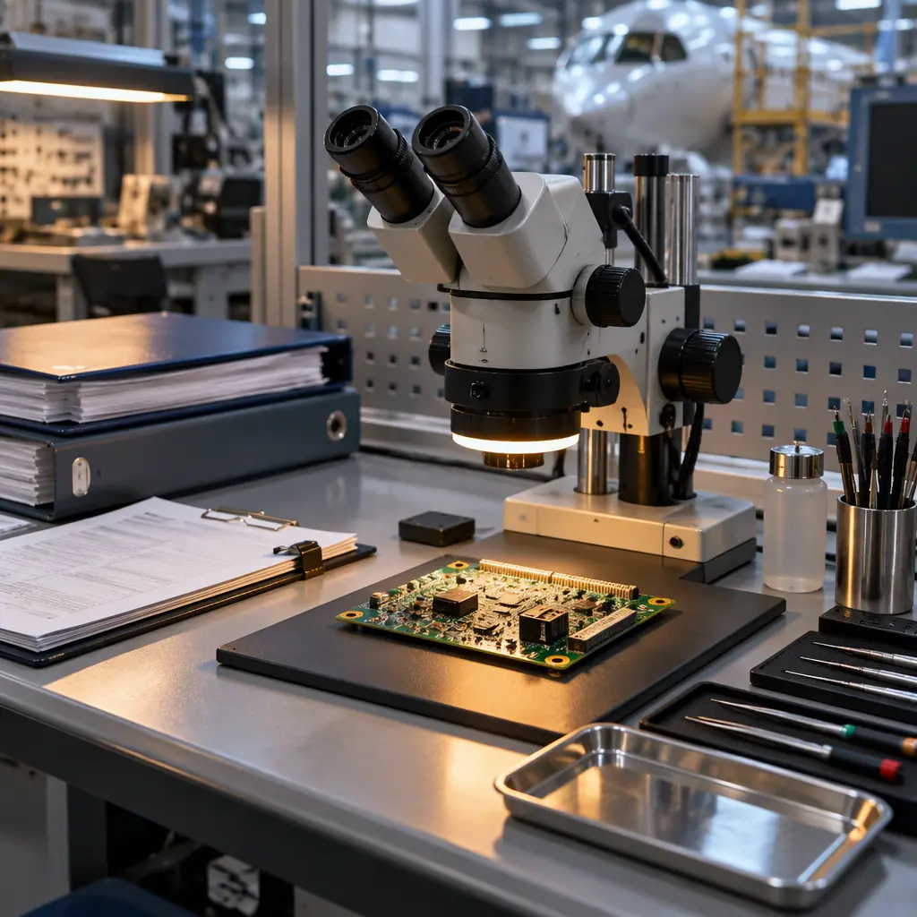 Photorealistic inspection bench in an aerospace electronics facility with a PCB under a microscope and documentation folders beside it, no people