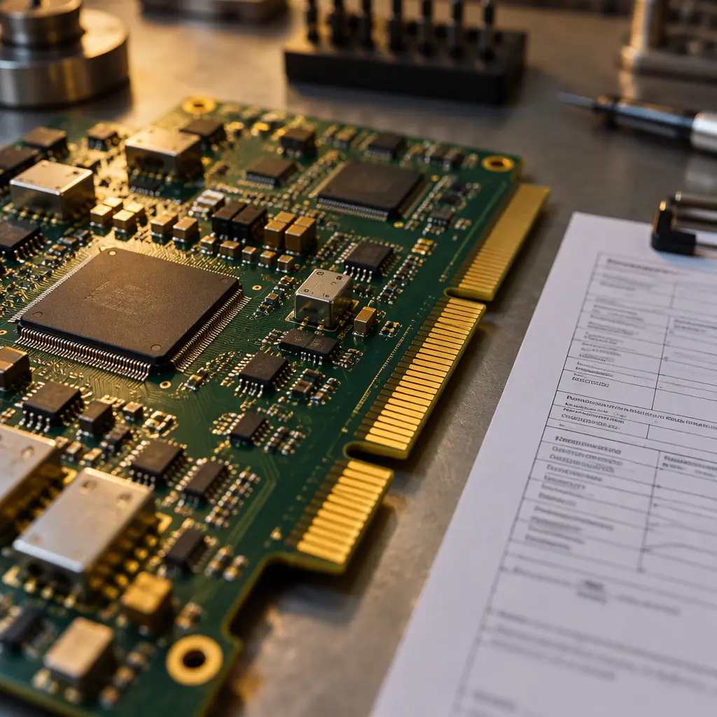 Photorealistic close-up of an IPC Class 3 aerospace PCB with gold-plated edge contacts and a paperwork traveller clipped beside it, industrial bench setting