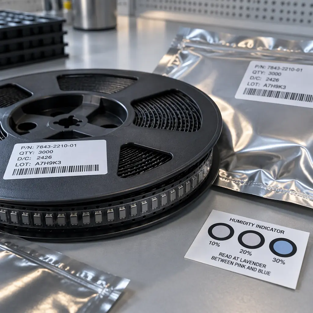 Photorealistic macro photograph of a reel of electronic components with a moisture indicator card and sealed foil packaging with traceability labels on a clean bench