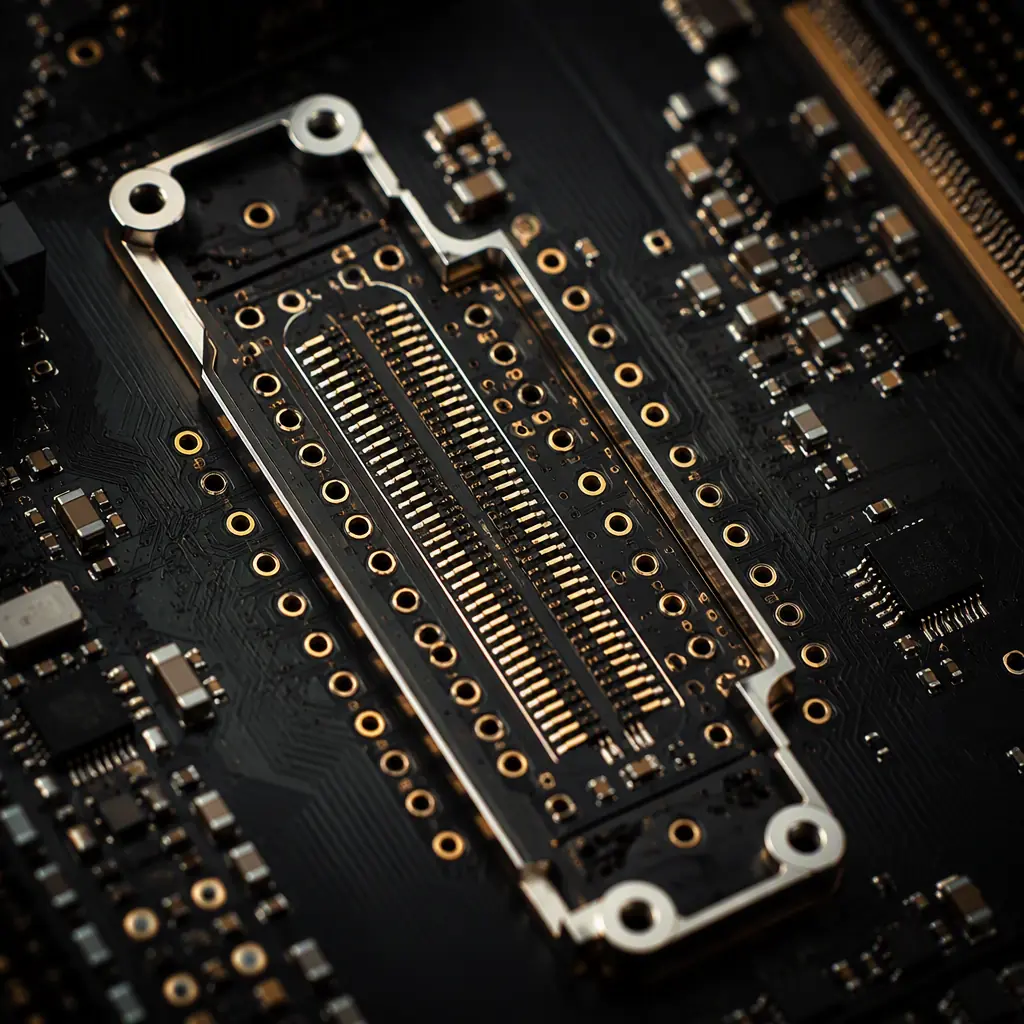 Macro photograph of a high-speed board connector zone with differential pair routing on a dark PCB