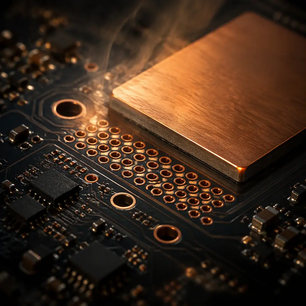 Macro photograph of a system-on-chip with thermal via array and copper pours on a dark automotive PCB