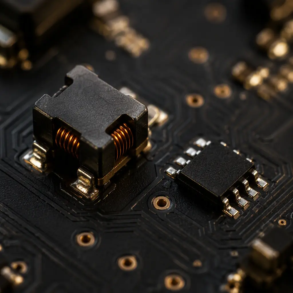 Macro photography of a common-mode choke and ESD protection array soldered on an automotive Ethernet ECU board