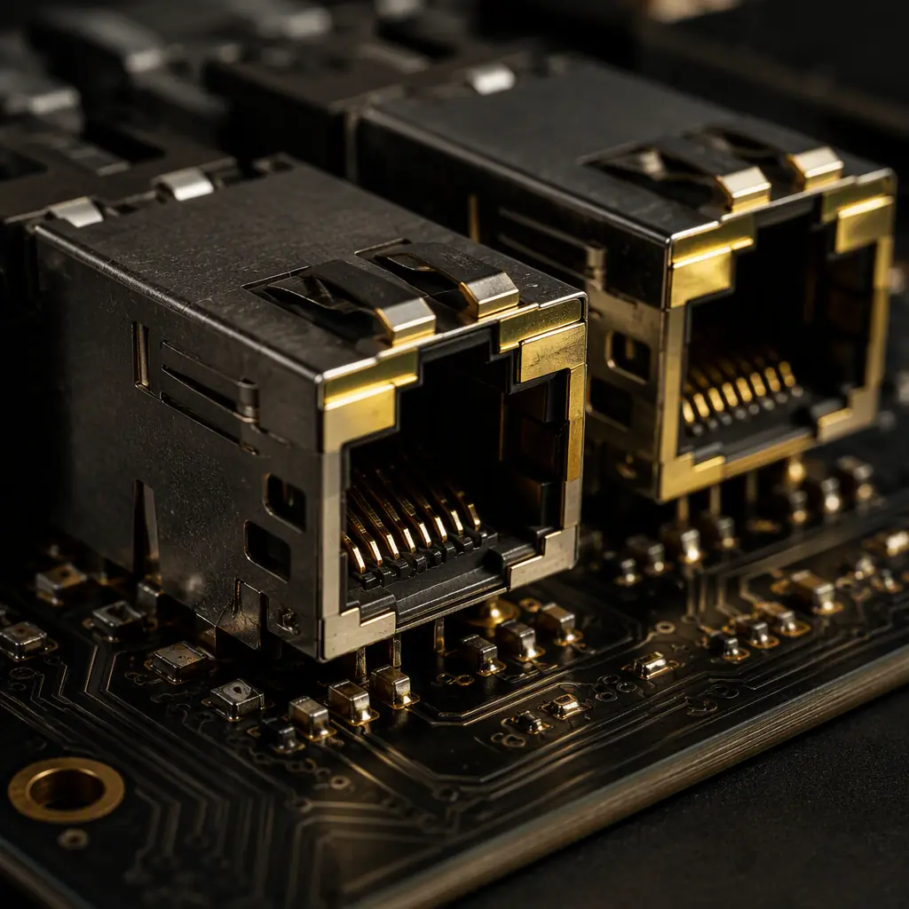 Studio macro shot of automotive Ethernet H-MTD style connectors soldered on a dark ECU printed circuit board