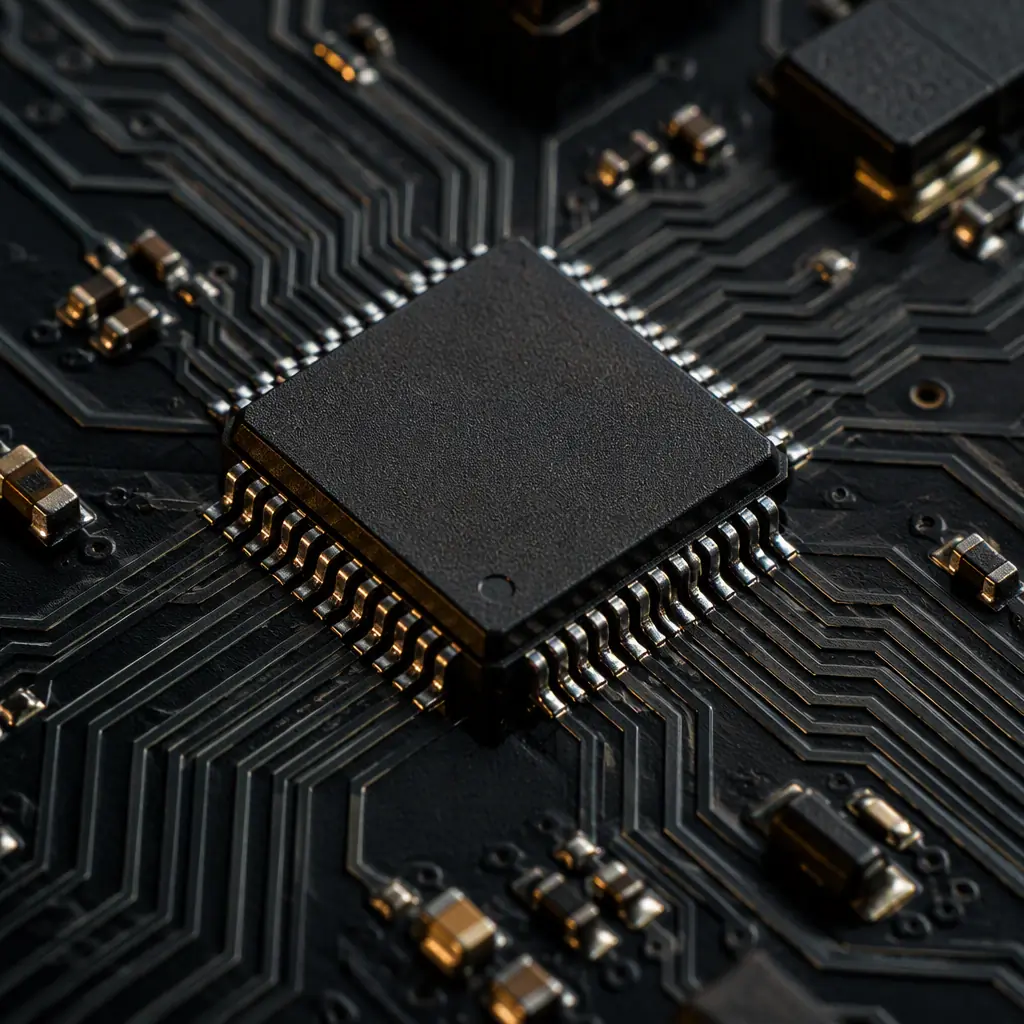 Photorealistic macro render of an automotive Ethernet PHY and its 100 ohm differential pair breakout on a multilayer ECU board