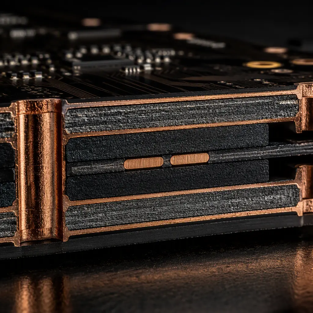 Photorealistic cross-section render of a single twisted pair automotive Ethernet differential trace showing copper layers and dielectric spacing