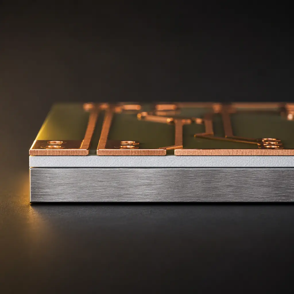 Close-up of LED array mounted on aluminum-core PCB with thermal vias and copper pour visible