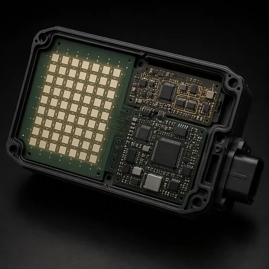 Photorealistic render of an automotive radar sensor front-end unit with a patch antenna array and MMIC on the PCB