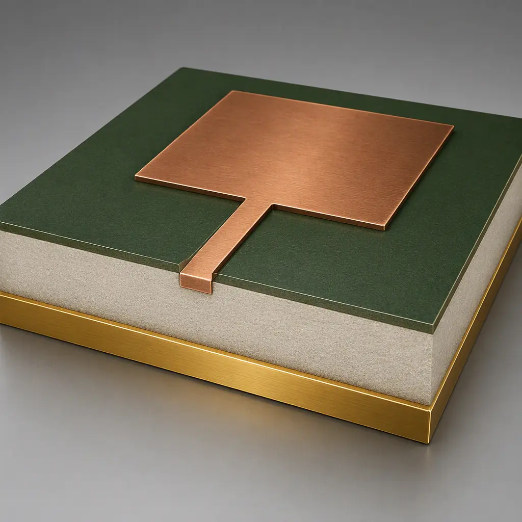 3D cross-section render of an RF PCB showing top copper antenna, controlled-impedance feed line, dielectric layer and solid ground plane
