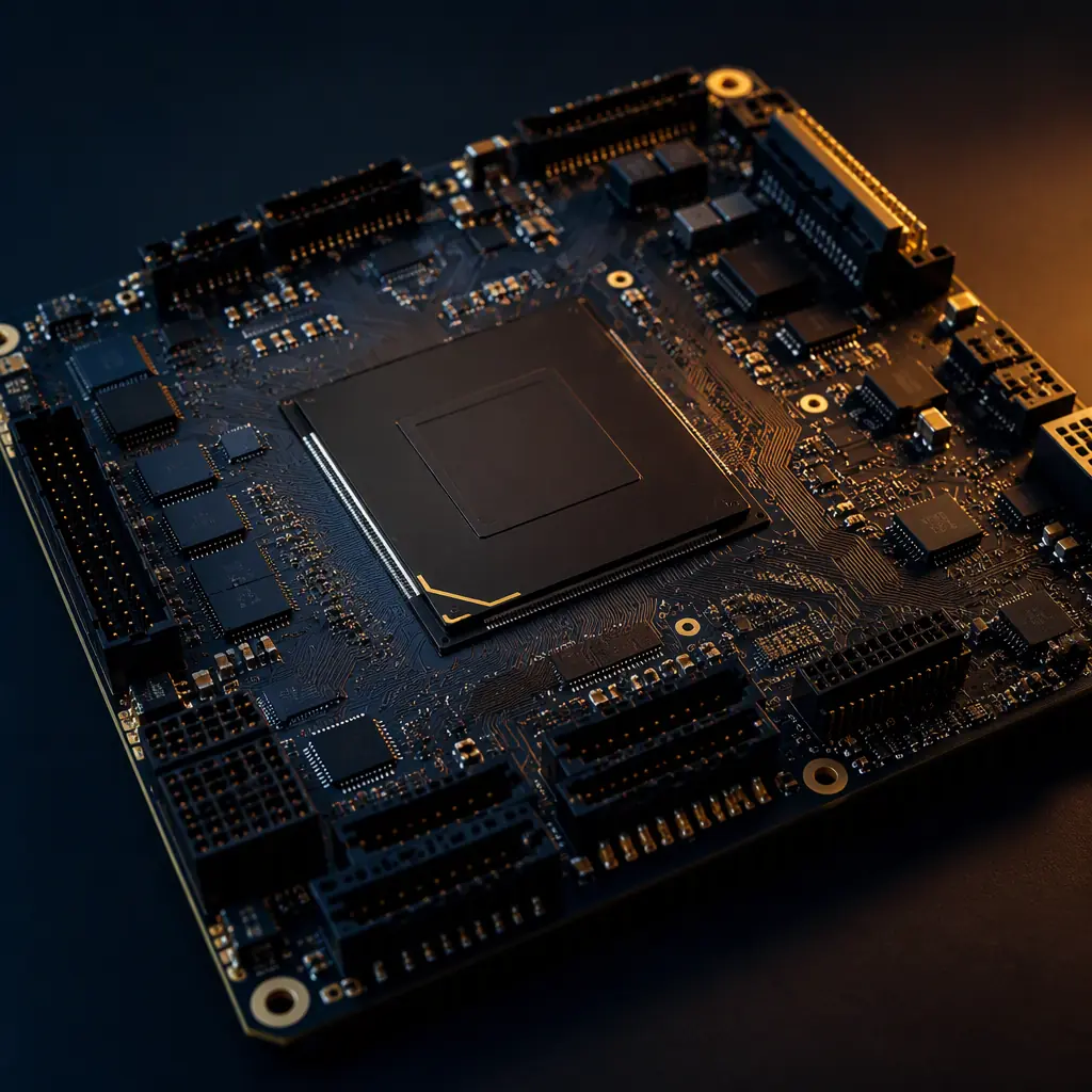 Photorealistic render of a central automotive compute board with dense connector headers and a large processor footprint