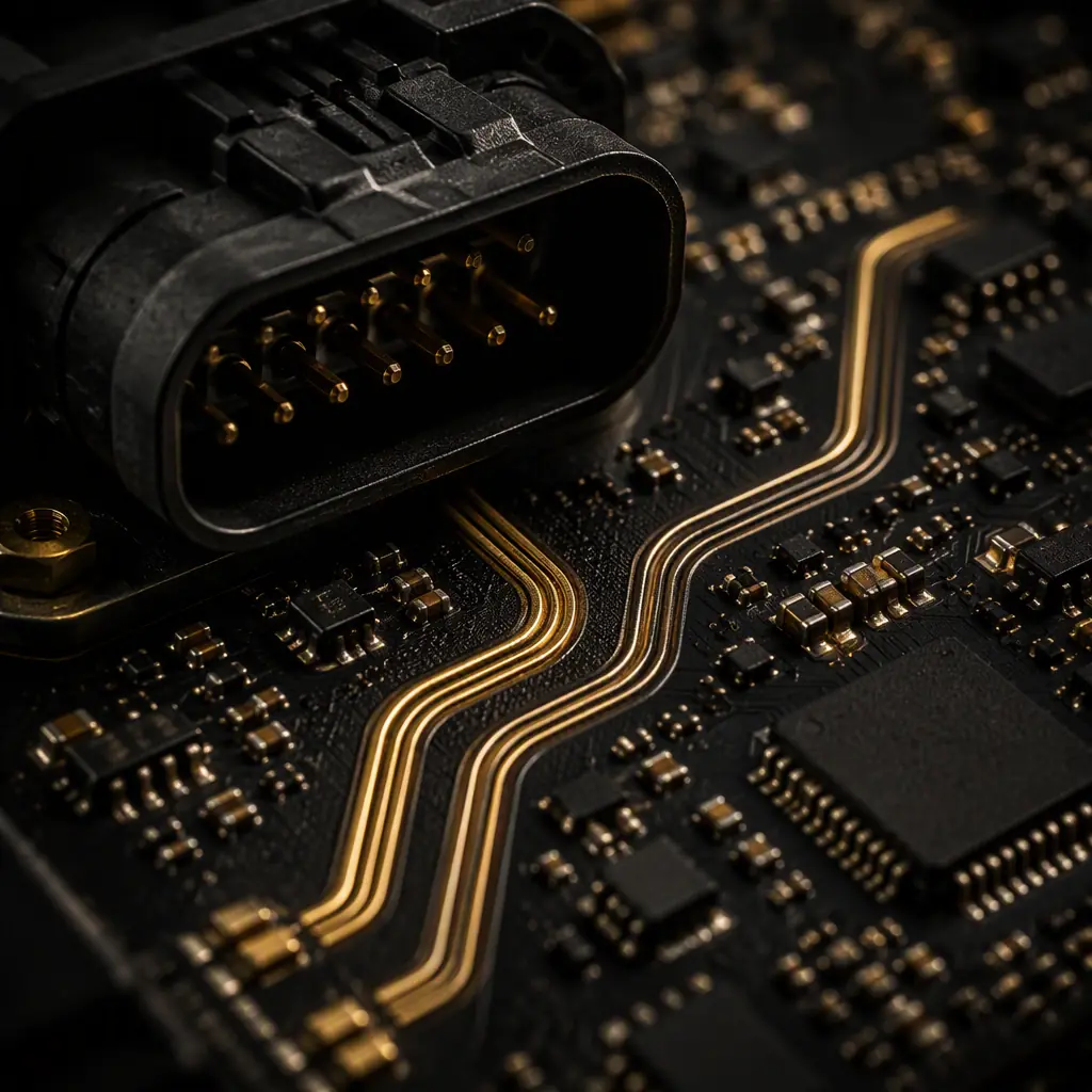 Macro shot of a rugged automotive connector and high-speed differential pair routing on a gateway PCB