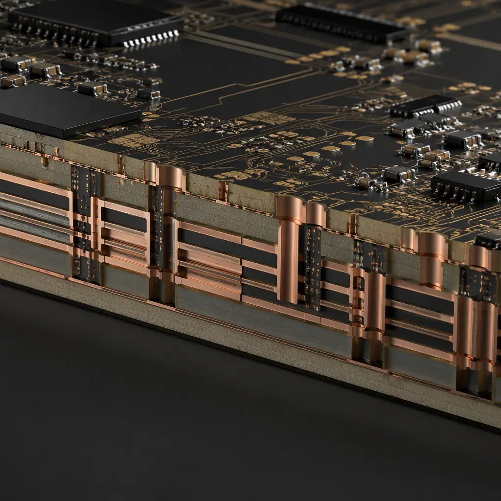 Photorealistic 3D cross-section render of an automotive PCB showing embedded copper and a controlled-impedance layer stack