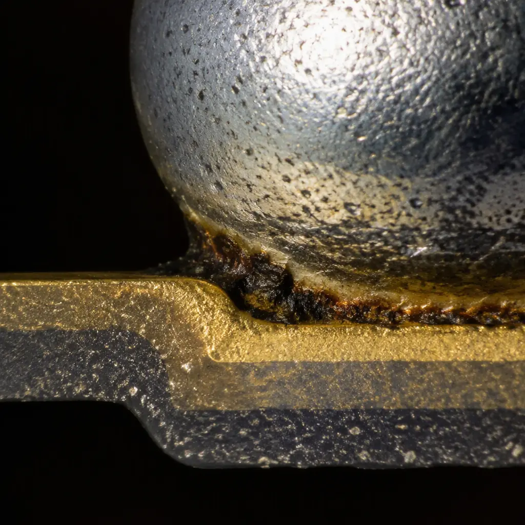 Extreme macro photograph of a solder ball on an ENIG pad showing a dark corroded interface at the pad edge under microscope lighting