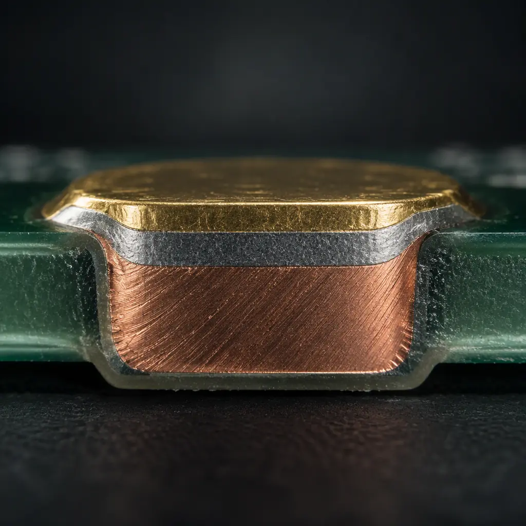 Photorealistic 3D cross-section render of a PCB pad showing copper, electroless nickel and a thin immersion gold layer on a dark background