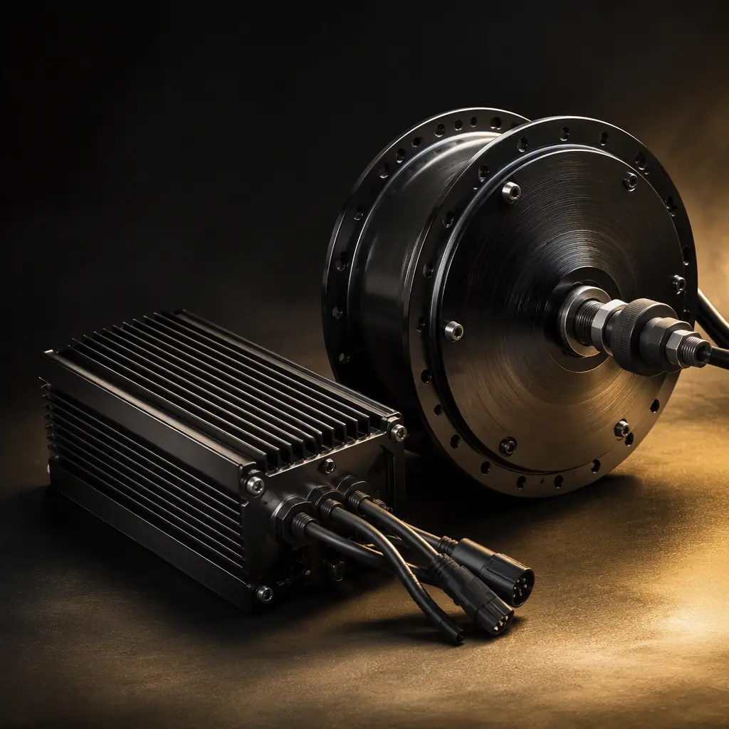 Concept photo of an e-bike motor controller module with heat sink fins and a brushless hub motor