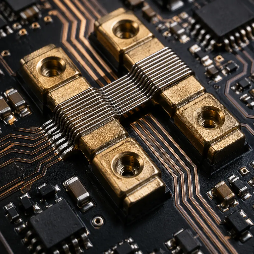 Macro photo of precision shunt resistors with Kelvin sense traces on a motor controller current sensing circuit